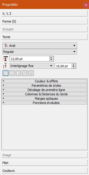 fenêtre proprietes onglet texte